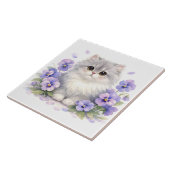 水彩画のふわふわ子猫とスミレの花 タイル (側面)