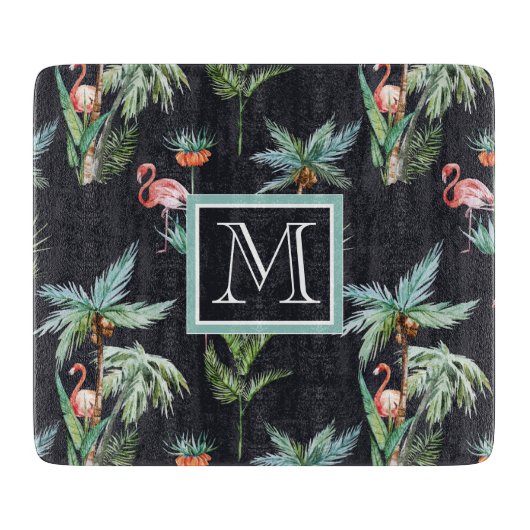 水彩画のやしパターン|はあなたのイニシャルを加えます カッティングボード (正面)