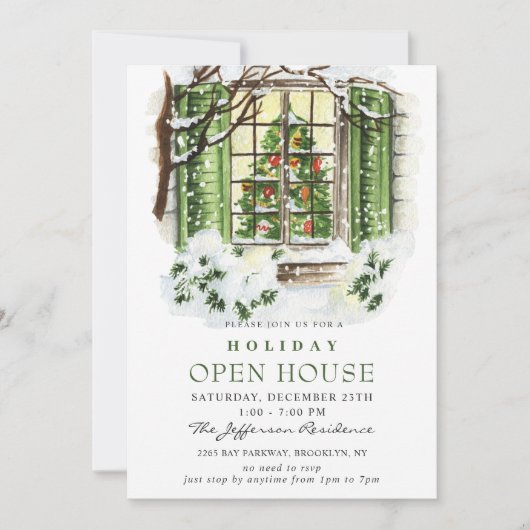 水彩画のようなカントリーなホリデーシーズンのクリスマス オープンハウス 招待状 (正面)