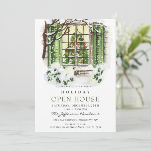 水彩画のようなカントリーなホリデーシーズンのクリスマス オープンハウス 招待状 (スタンド正面)