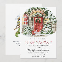 水彩画のようなカントリー風のホリデーハウスでのクリスマス パーティー 招待状