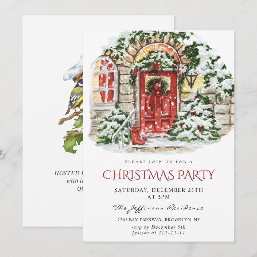 水彩画のようなカントリー風のホリデーハウスでのクリスマス パーティー 招待状 (正面/裏面)