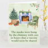 水彩画のようなクリスマスの暖炉と煙突とマスク 2021 カード (黄色い花)