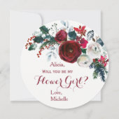 水彩画のようなバーガンディーの芍薬の花束を持つフラワーガール 招待状 (正面)