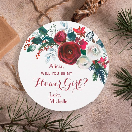 水彩画のようなバーガンディーの芍薬の花束を持つフラワーガール 招待状