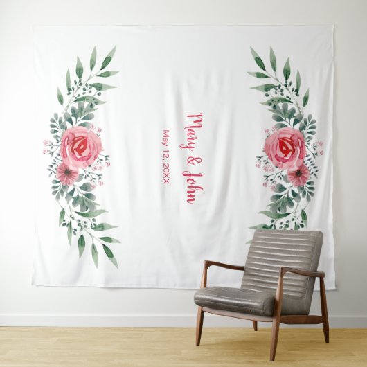 水彩画のようなピンクのバラと緑の葉のウェディング タペストリー (インサイチュ(横))