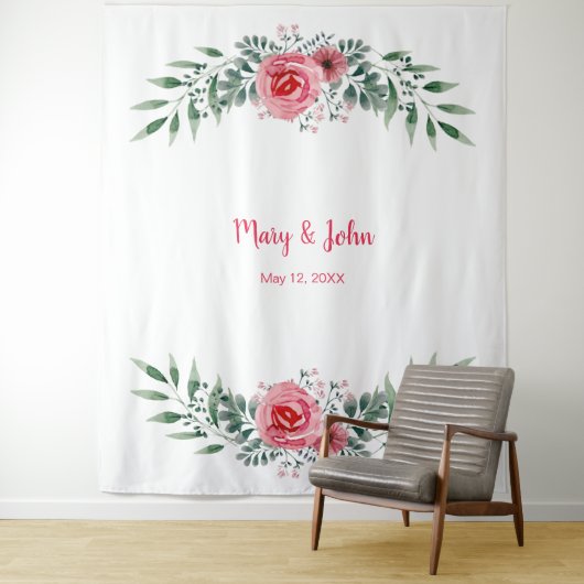 水彩画のようなピンクのバラと緑の葉のウェディング タペストリー (インサイチュ)