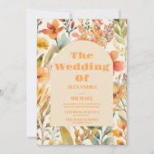 水彩画のようなピンクオレンジの野生の花をあしらったウェディング 招待状 (正面)