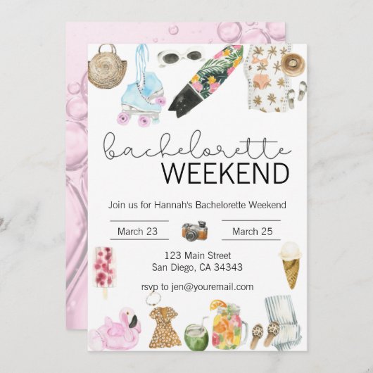 水彩画のようなプリンセスのための週末独身パーティーへの招待 招待状 (正面/裏面)