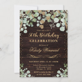 水彩画のようなユーカリのゴールドグリッター誕生日 招待状