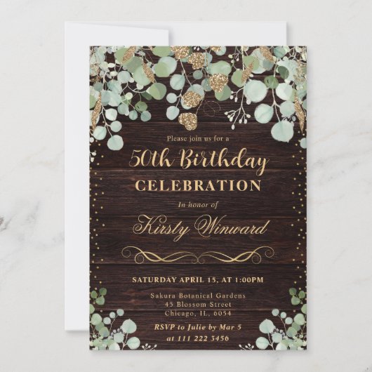 水彩画のようなユーカリのゴールドグリッター誕生日 招待状 (正面)