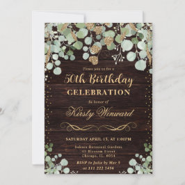 水彩画のようなユーカリのゴールドグリッター誕生日 招待状