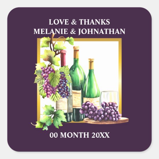 水彩画のようなワインボトル 葡萄 ラピス ワイナリー シック スクエアシール (正面)