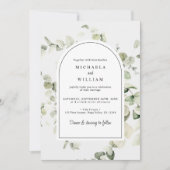 水彩画のような優雅なユーカリの植物が描かれたグリーンのウェディングスタイル 招待状 (正面)