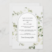 水彩画のような優雅なユーカリの植物が描かれたグリーンのウェディングスタイル 招待状 (正面/裏面)