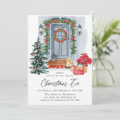 水彩画のような地方のホリデーハウス クリスマスイブ 招待状 (スタンド正面)
