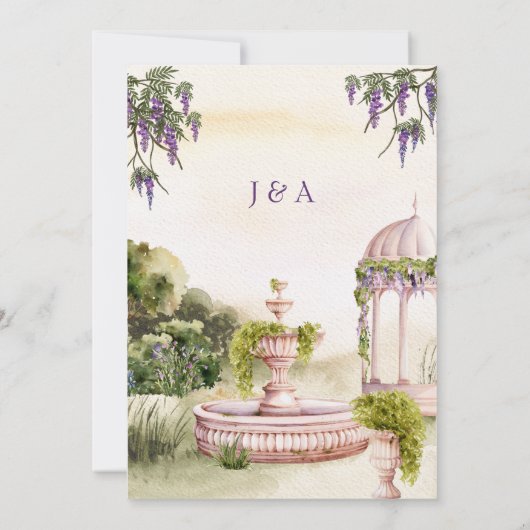 水彩画のような夢見る緑の庭でのエレガントなウェディング セーブザデート (裏面)