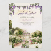 水彩画のような夢見る緑の庭でのエレガントなウェディング セーブザデート (正面/裏面)