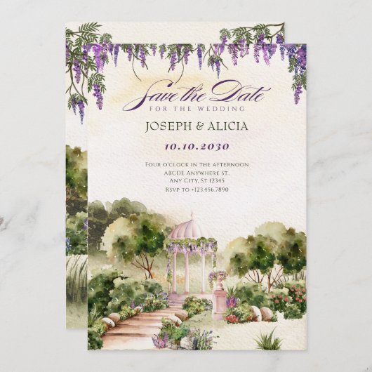水彩画のような夢見る緑の庭でのエレガントなウェディング セーブザデート (正面/裏面)
