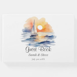 水彩画のような帆船と夕焼けの海のウェディング ゲストブック