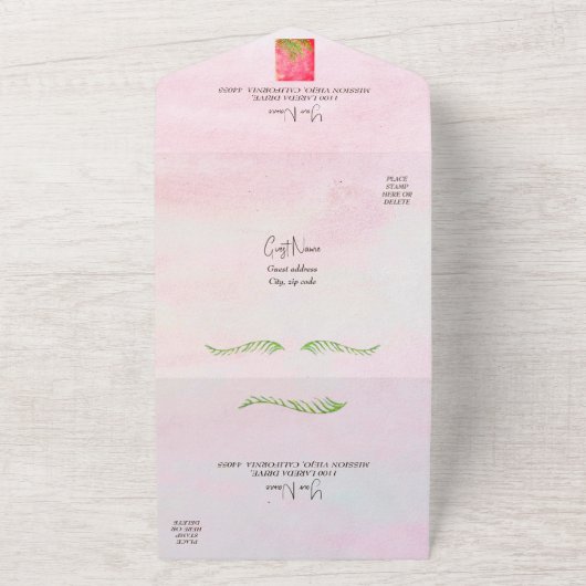 水彩画のような淡いピンクのカリブ海ウェディング オールインワン招待状 (外側)