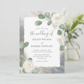 水彩画のような白いバラとグレイとゴールドのグリーンがテーマのウェディング 招待状 (スタンド正面)