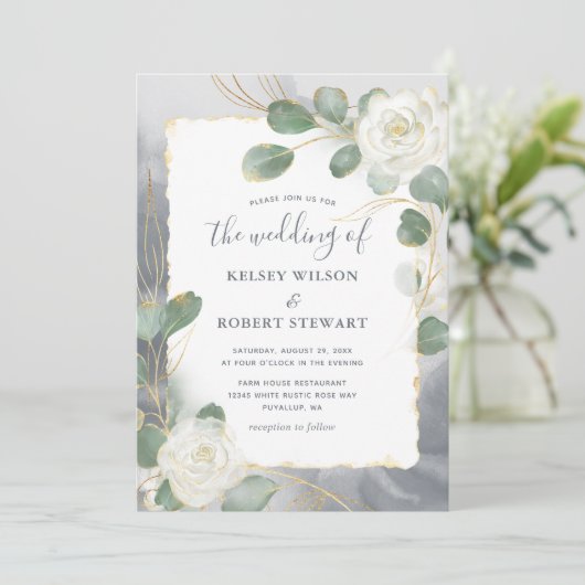 水彩画のような白いバラとグレイとゴールドのグリーンのウェディング 招待状 (スタンド正面)