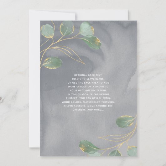 水彩画のような白いバラとグレイとゴールドのグリーンのウェディング 招待状 (裏面)