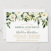 水彩画のような白い花のグリーンのゴールドのウェディングランチ 招待状 (正面)