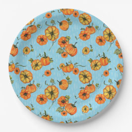 水彩画のような秋のオレンジとブルーのパンプキン ペーパープレート