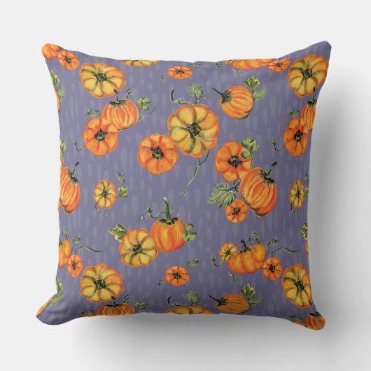 水彩画のような秋のオレンジ/パープルのカボチャ クッション (正面)