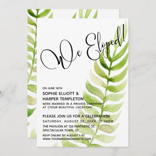 水彩画のような緑の景色の中で私たちは駆け落ちした! 結婚式後の記録 招待状 (正面/裏面)