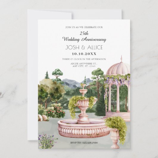 水彩画のような美しい庭園でのウェディングアニバーサリー 招待状 (正面)