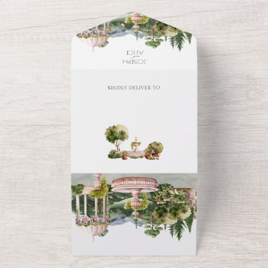 水彩画のような美しい緑の庭園でのエレガントなウェディング オールインワン招待状 (外側)