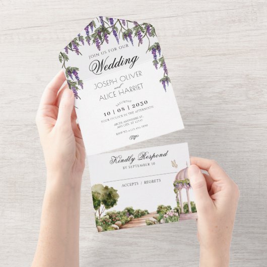 水彩画のような美しい緑の庭園でのエレガントなウェディング オールインワン招待状 (貼ってはがせる)