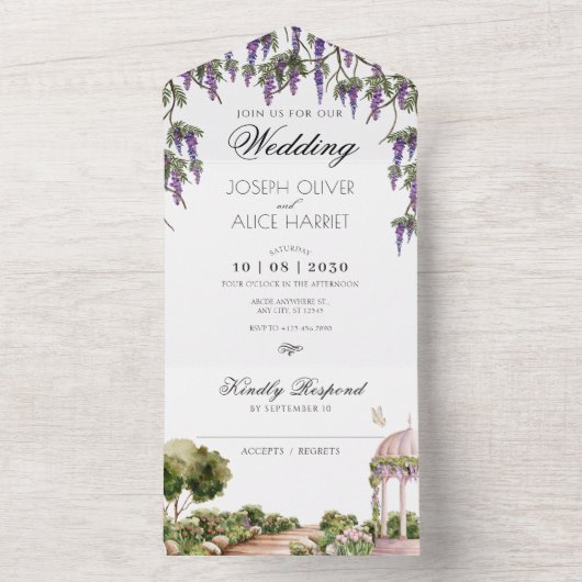 水彩画のような美しい緑の庭園でのエレガントなウェディング オールインワン招待状 (内側)