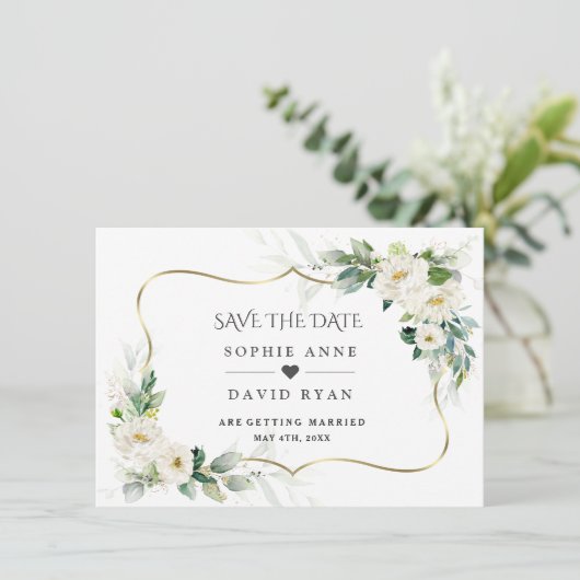 水彩画のような軽やかなグリーンと白い花のウェディング セーブザデート (スタンド正面)