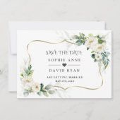 水彩画のような軽やかなグリーンと白い花のウェディング セーブザデート (正面)