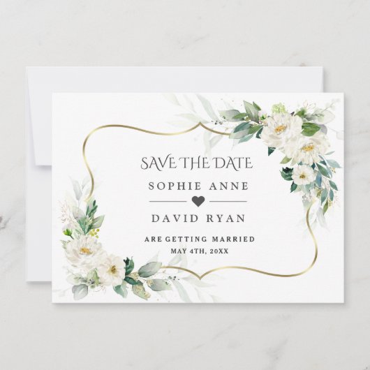 水彩画のような軽やかなグリーンと白い花のウェディング セーブザデート (正面)