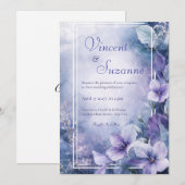 水彩画のような青紫色のラベンダーの花をあしらった冬のウェディング 招待状 (正面/裏面)