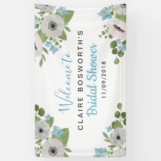 水彩画のアネモネの青い花柄|のブライダルシャワー 横断幕 (縦)