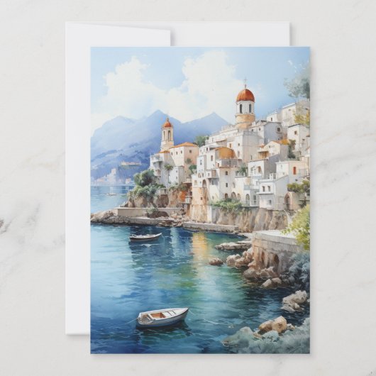 水彩画のアマルフィ・コースト イタリア 目的地 ウェディング 招待状 (裏面)