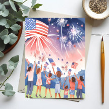 水彩画のアメリカ国旗と独立記念日の花火