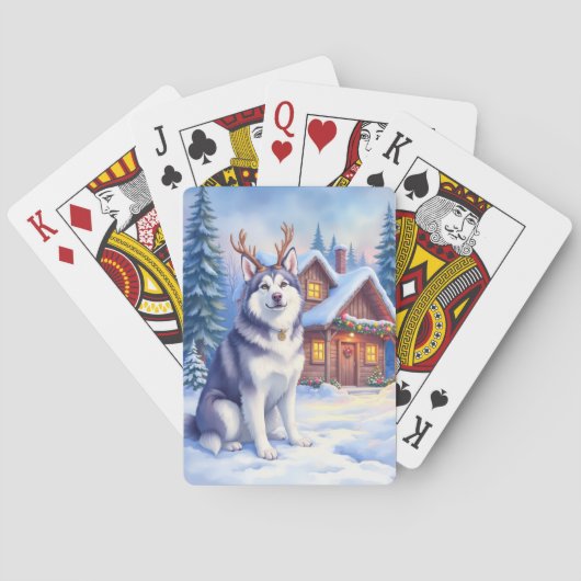 水彩画のアラスカンマラミュートのトナカイのクリスマス トランプ (裏面)