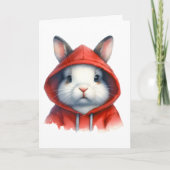 水彩画のアートワーク赤いフード付きスウェットシャツの白うさぎ カード (正面)