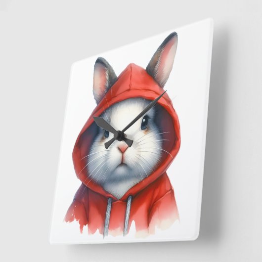 水彩画のアートワーク赤いフード付きスウェットシャツの白うさぎ スクエア壁時計 (傾斜)