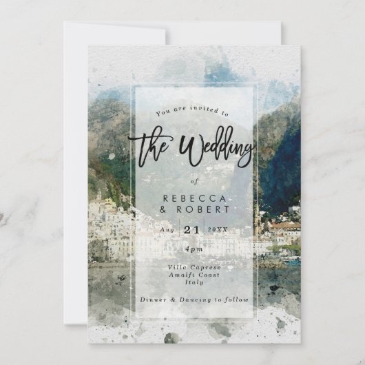 水彩画のイタリアアマルフィのモダンの結婚式招待状 招待状 (正面)