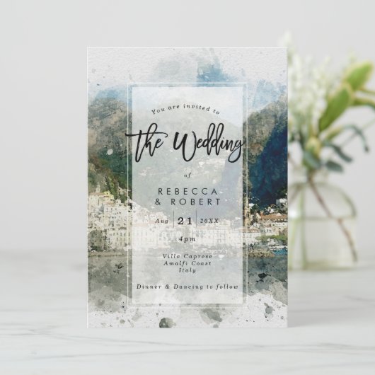 水彩画のイタリアアマルフィのモダンの結婚式招待状 招待状 (スタンド正面)