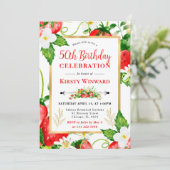 水彩画のイチゴと花の50歳の誕生日 招待状 (スタンド正面)