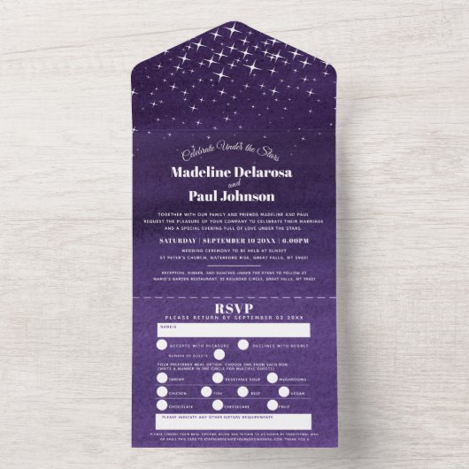 水彩画のイブニングスター ウェディングセレモニーと食事 オールインワン招待状 (内側)